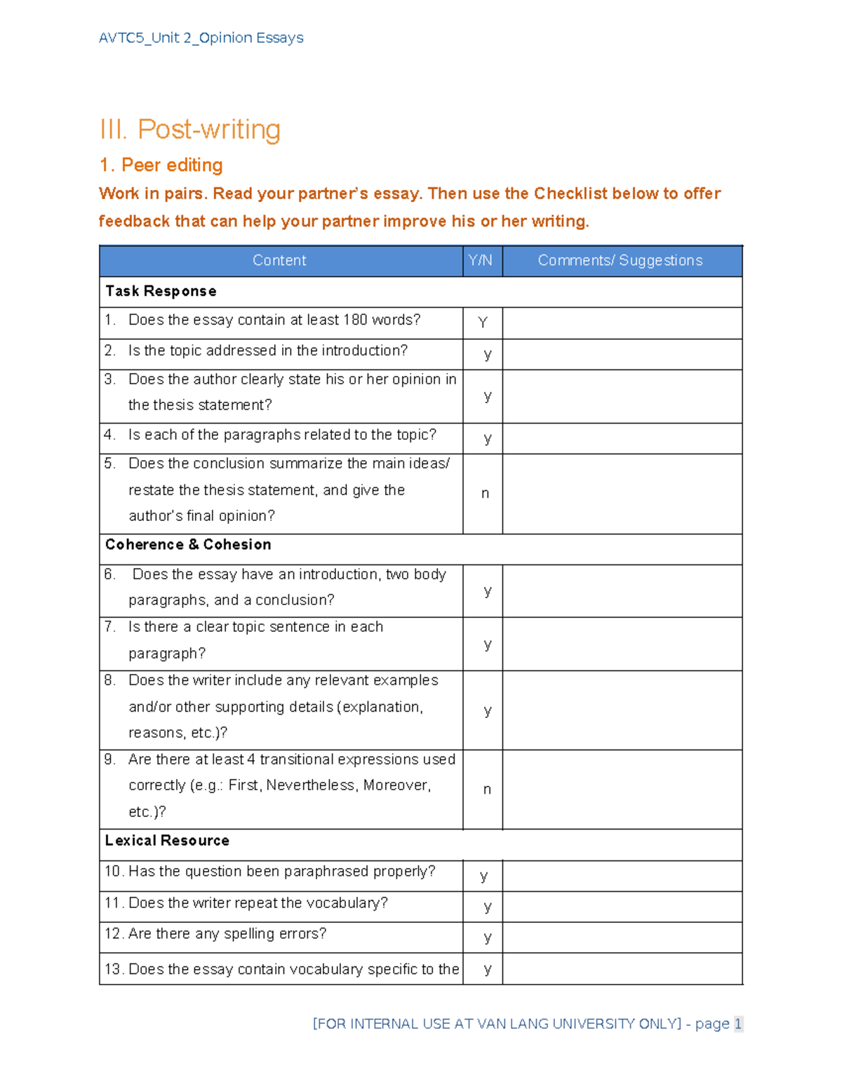 AVTC5 - Unit 2 - Agree/Disagree Essay: Peer Editing Checklist - Studocu