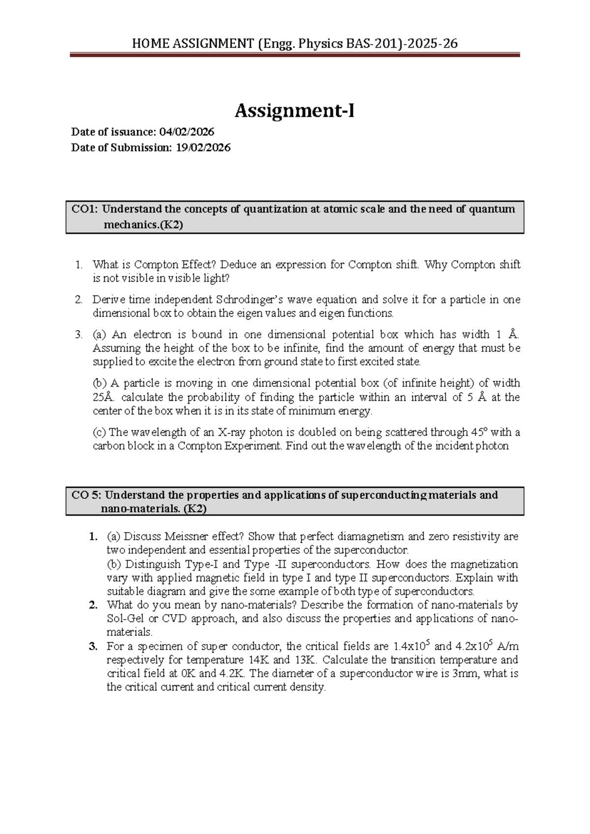 S2-Assignment 01: Engg. Physics Home Assignment on Quantum Mechanics ...