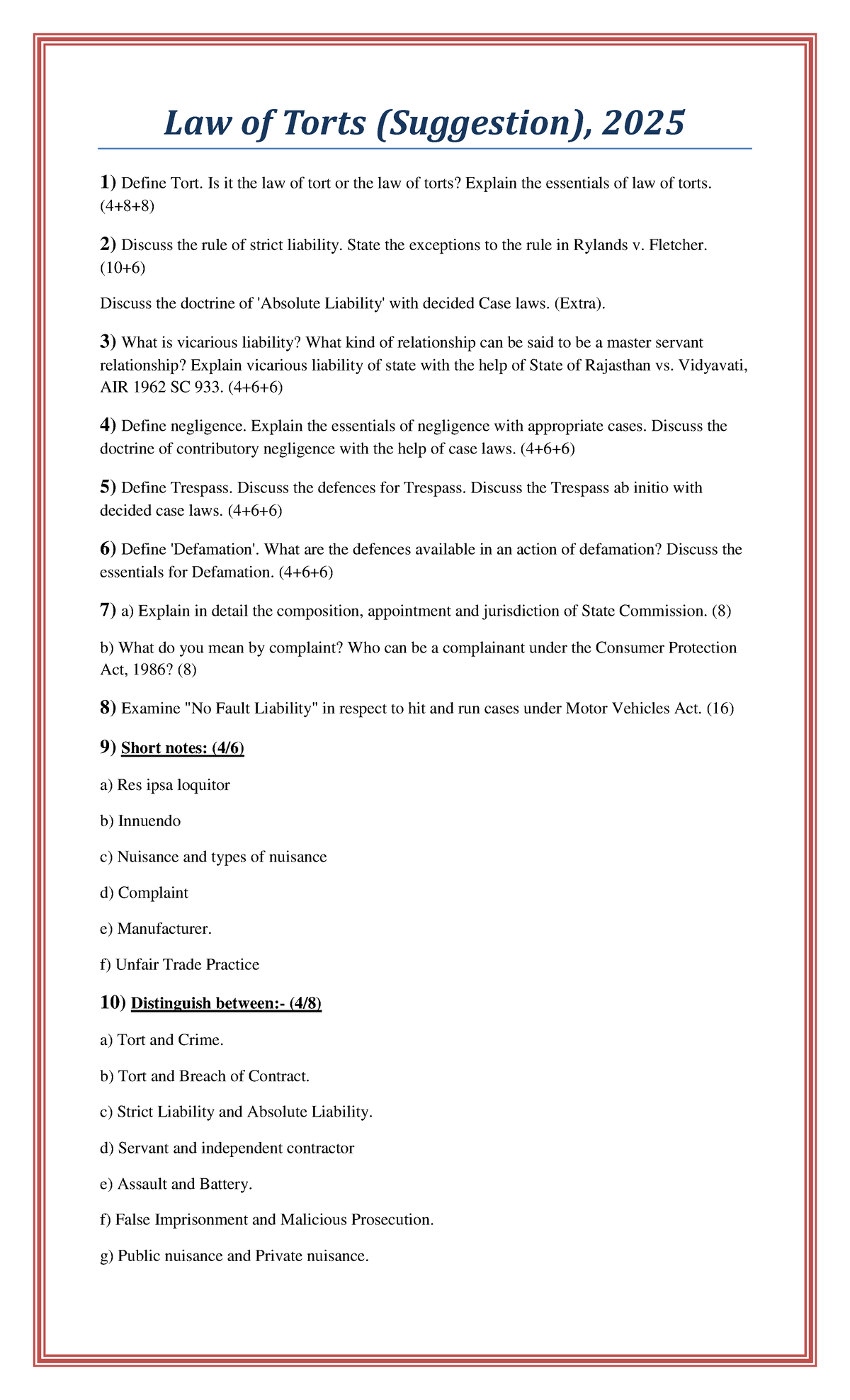 Law of Torts (Suggestions) - Key Concepts & Case Laws, 2025 - Studocu