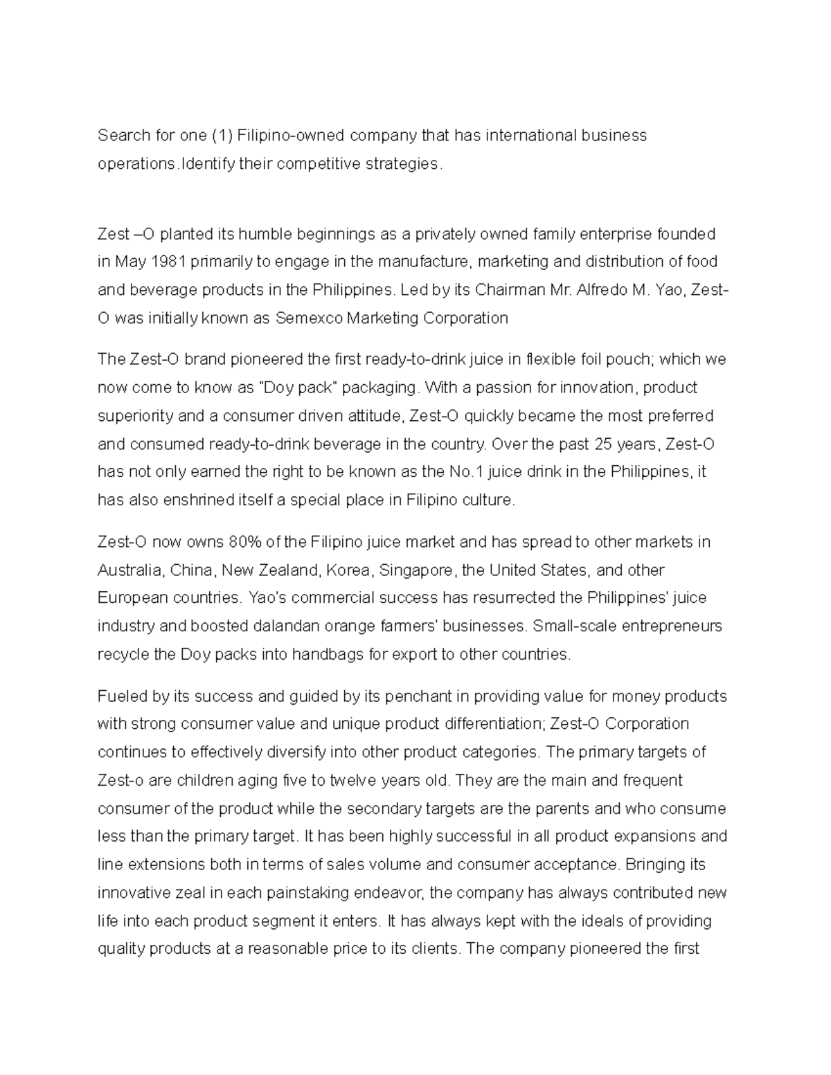 Filipino-Owned Intl Biz: Competitive Strategies of Zest-O (IBT) - Studocu
