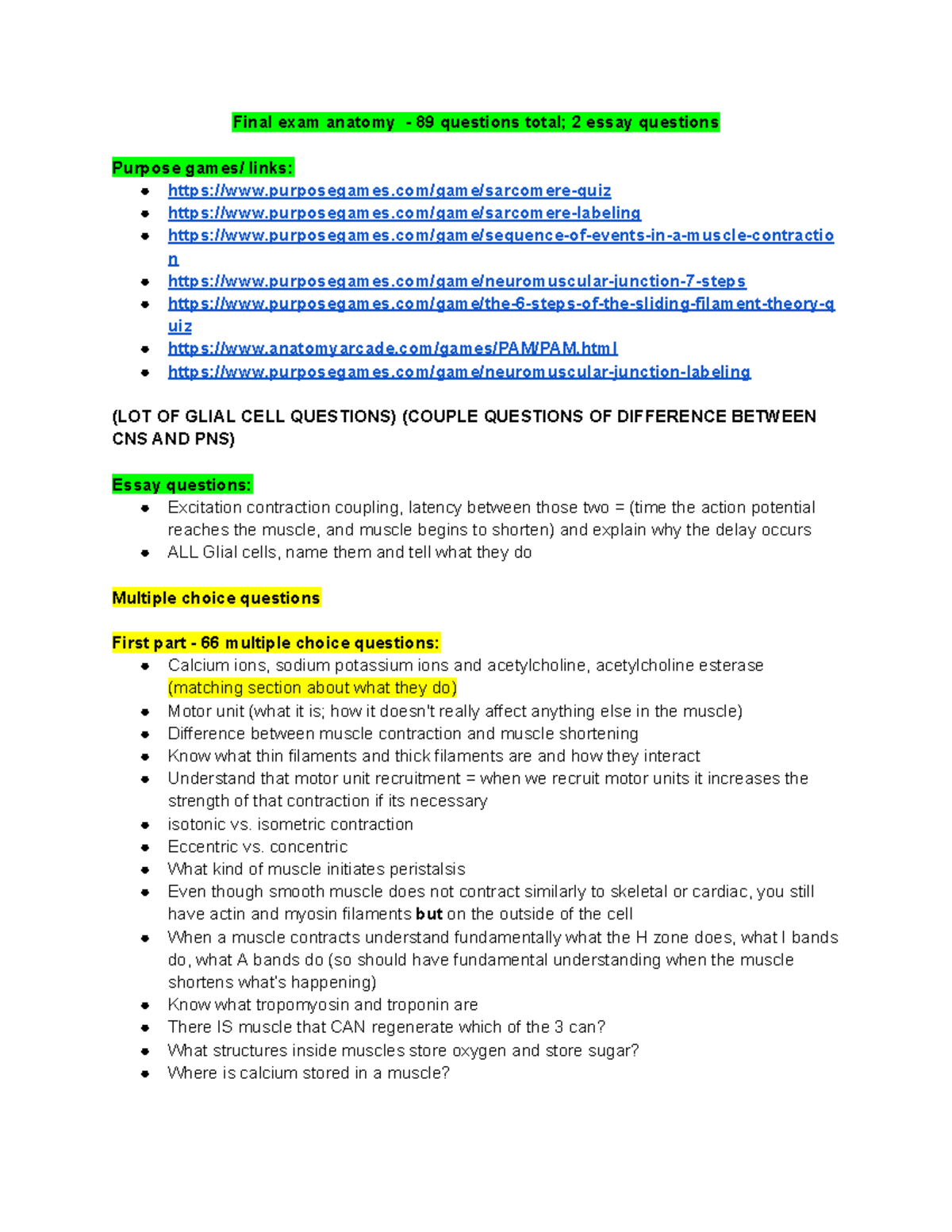 Final Exam Anatomy - 89 Questions Overview - Studocu