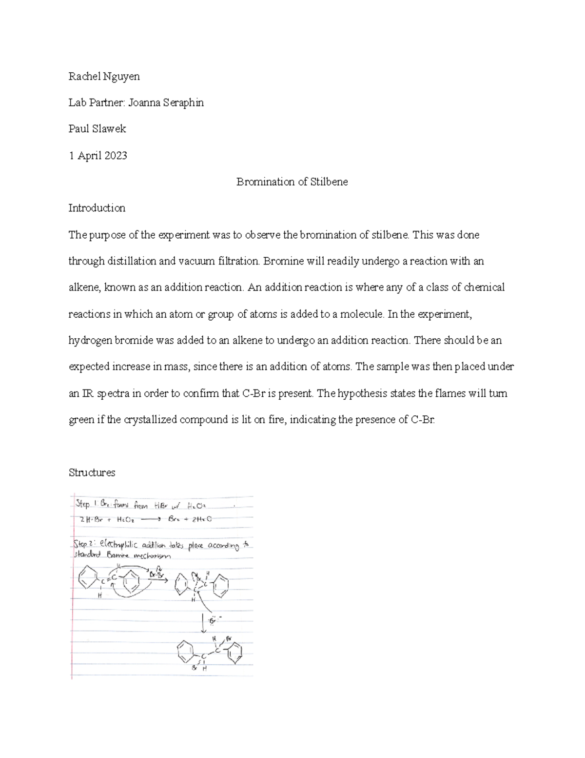 Orgo Addition Lab Report-2 - Rachel Nguyen Lab Partner: Joanna Seraphin ...