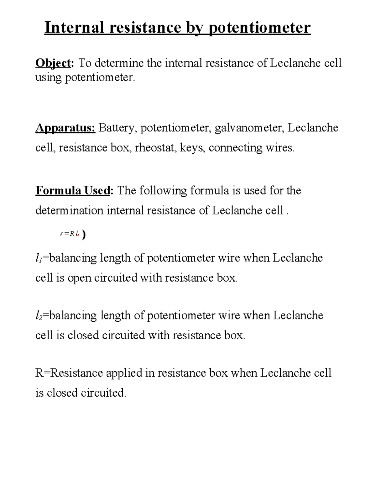 Internal Resistance of Leclanche Cell Using Potentiometer - PHYS 12 ...