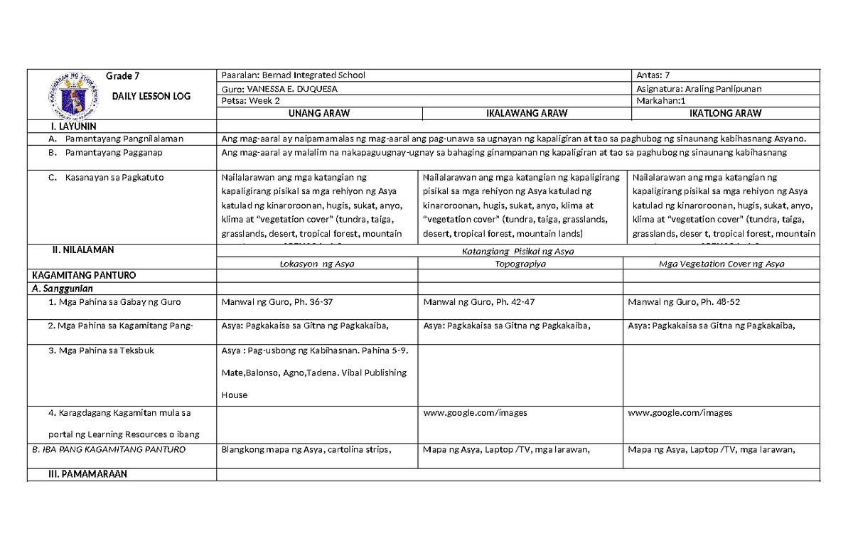 Grade 7 Araling Panlipunan Daily Lesson Log - Week 2 - Studocu