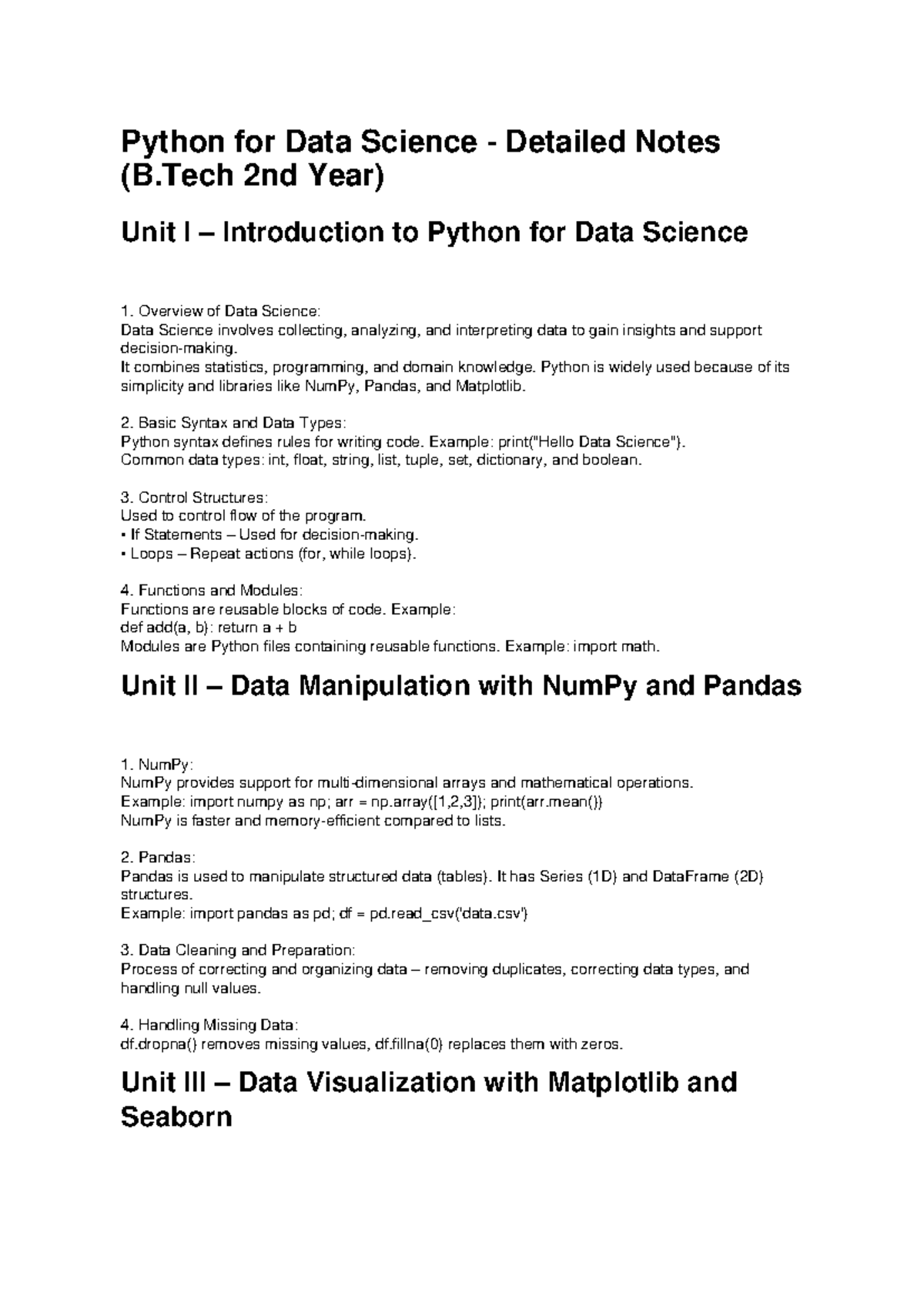 Python for Data Science Notes (B.Tech 2nd Year) - Unit I to V - Studocu