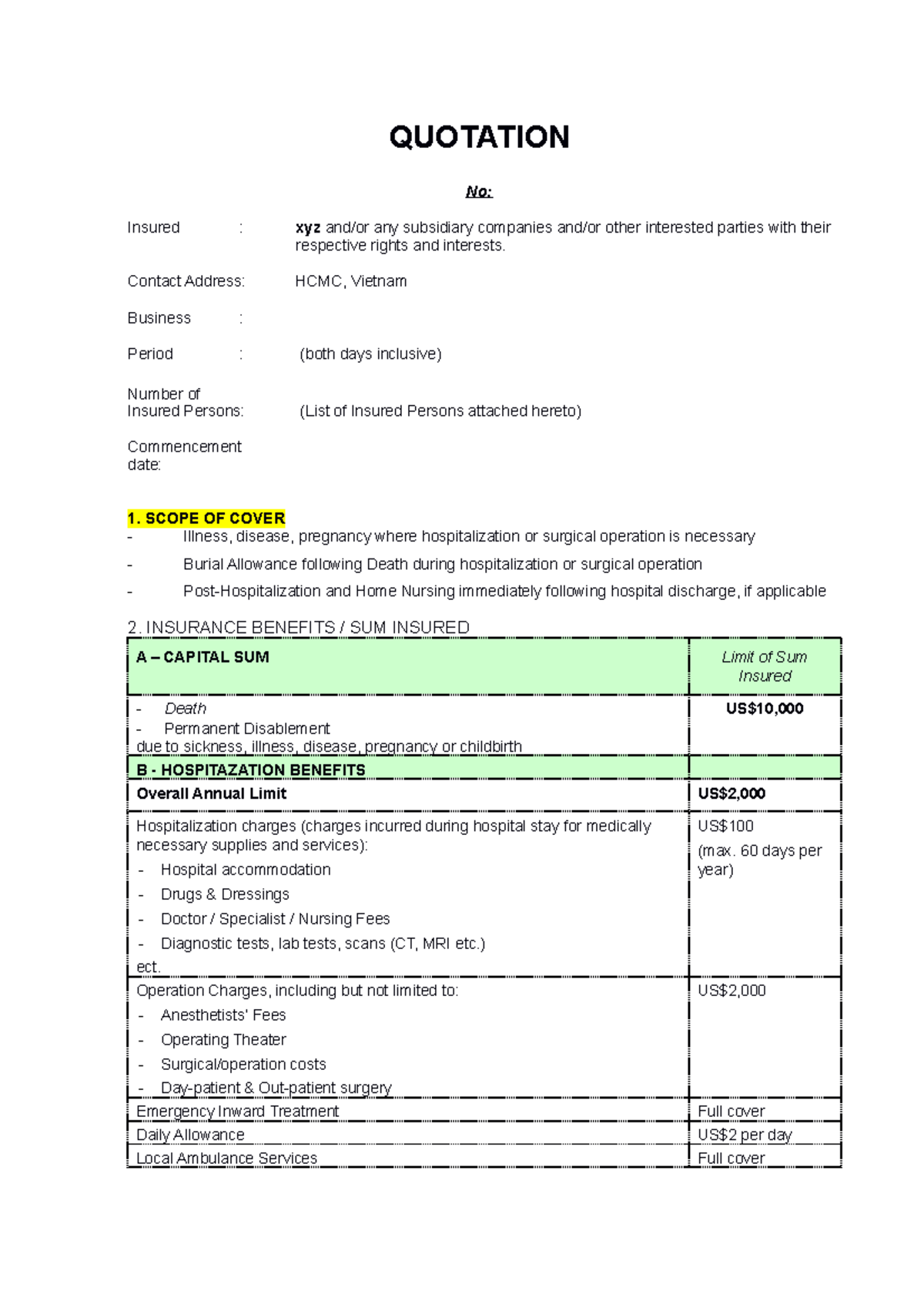 Healthcare Insurance Quotation for HCMC, Vietnam - Studocu