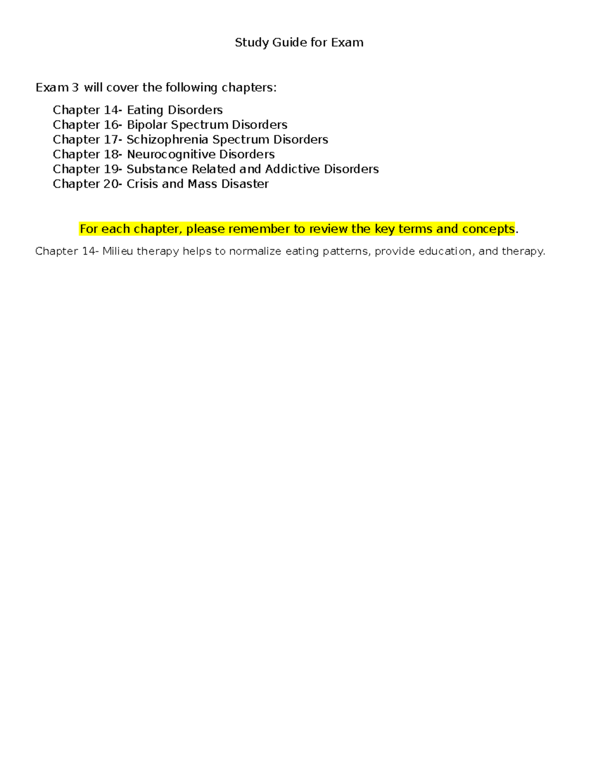 Study Guide for Exam 3: Eating Disorders, Bipolar, and Schizophrenia ...