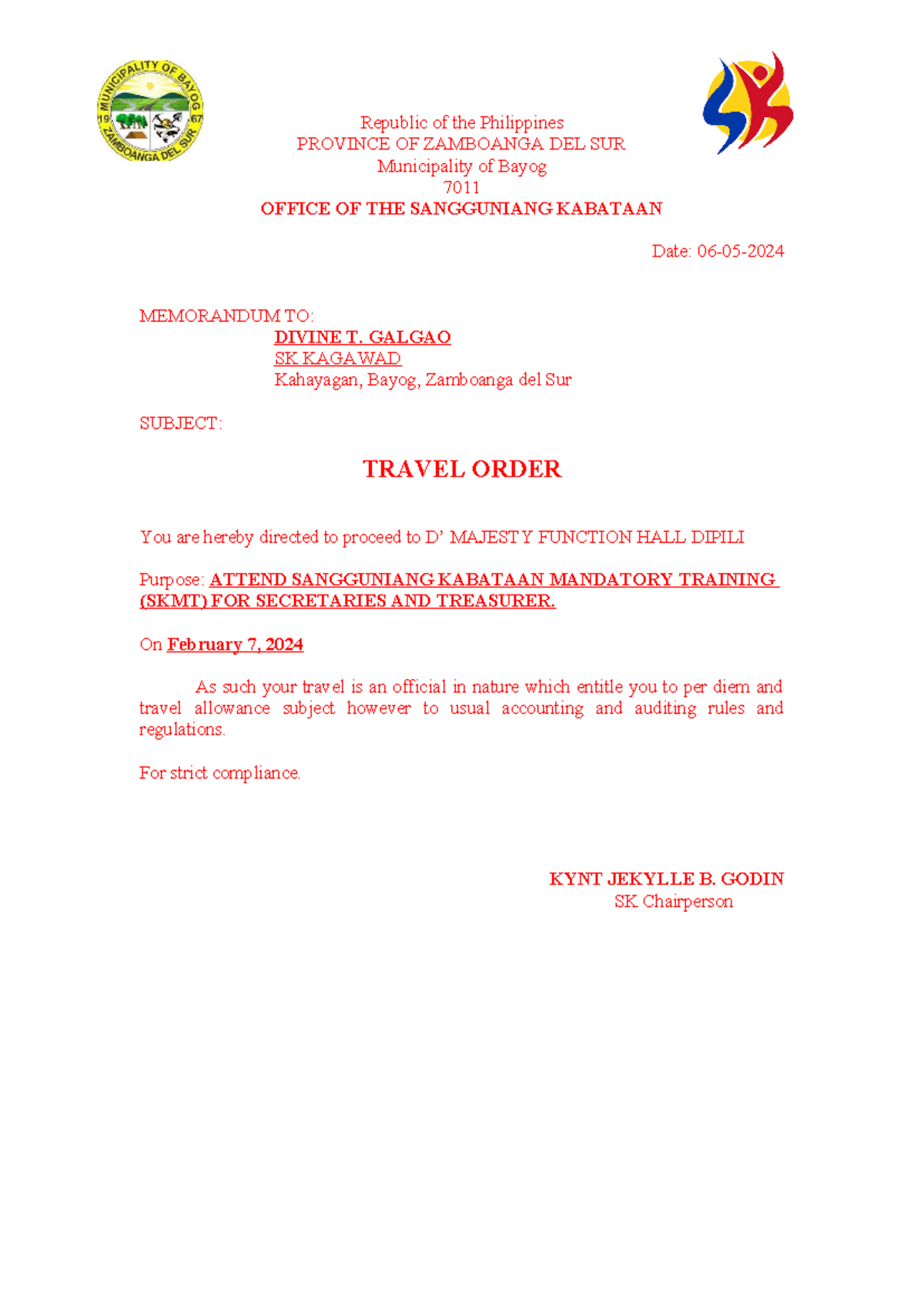 SK Travel Orders for Mandatory Training and Activities in 2024 - Studocu