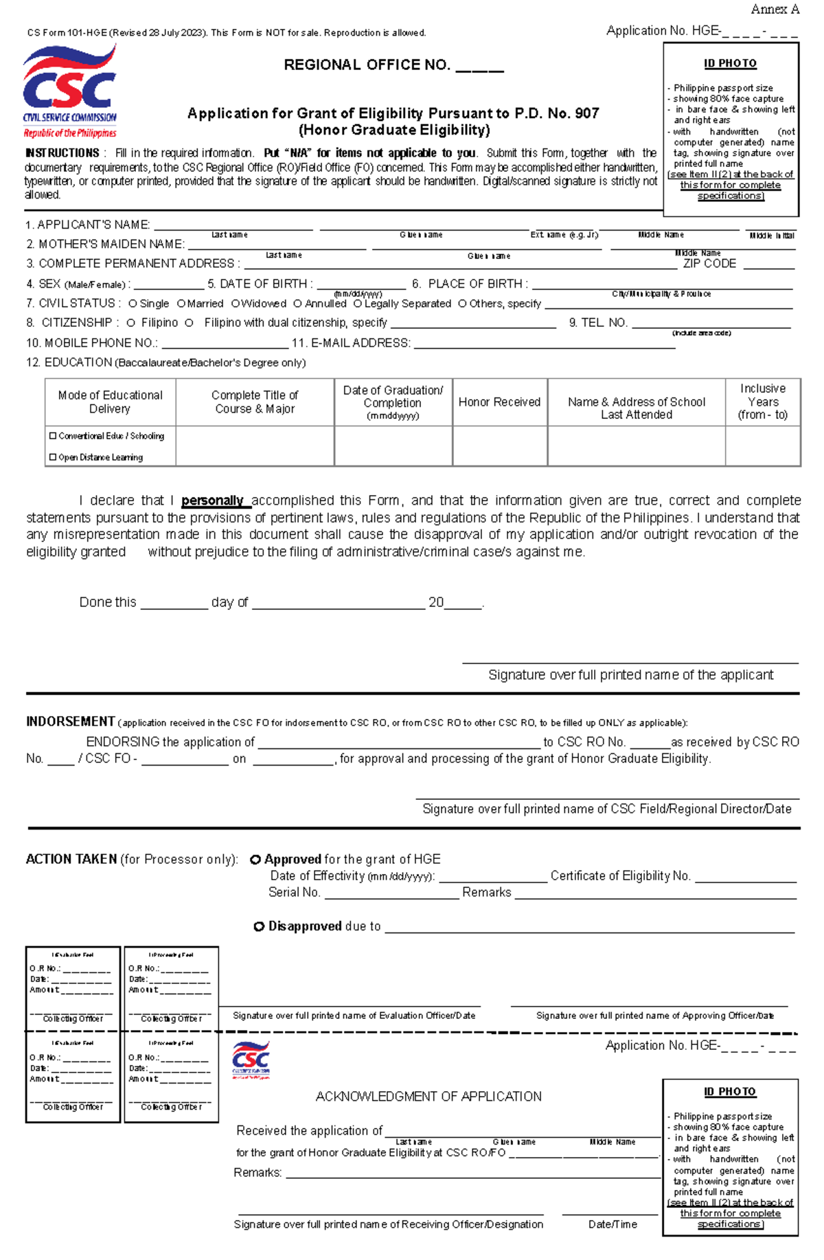 CSC - Application for Honor Graduate Eligibility Form Guide - Studocu
