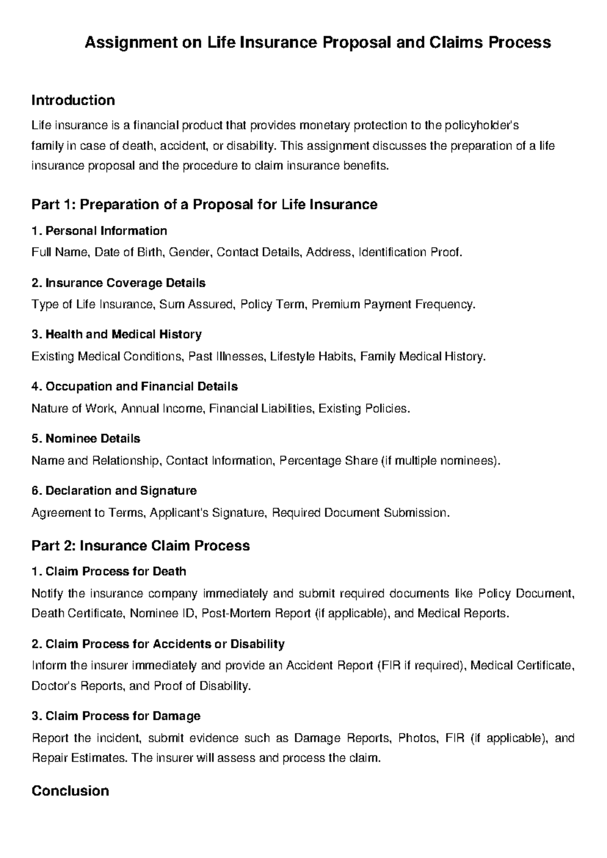 Life insurance assignment: Proposal and claims process overview - Studocu
