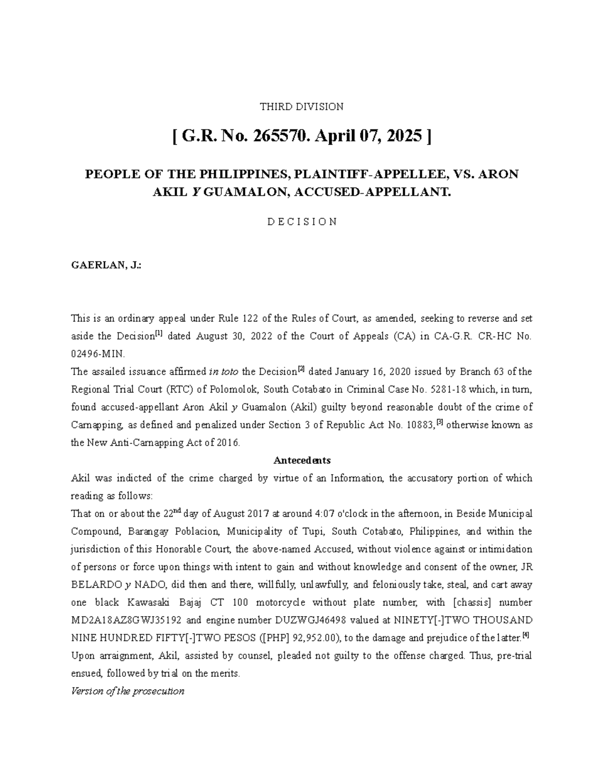 G.R. No. 265570: Acquittal of Aron Akil y Guamalon in Carnapping Case ...