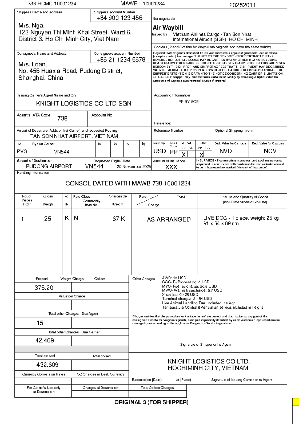 MAWB 738: Air Waybill Details for Live Animal Shipment - Studocu