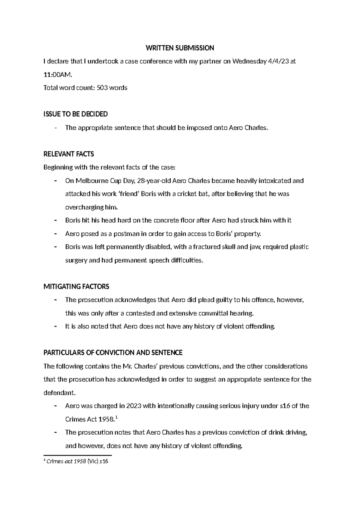 LAW1114 Written Submission on Sentence Recommendation for Aero Charles ...