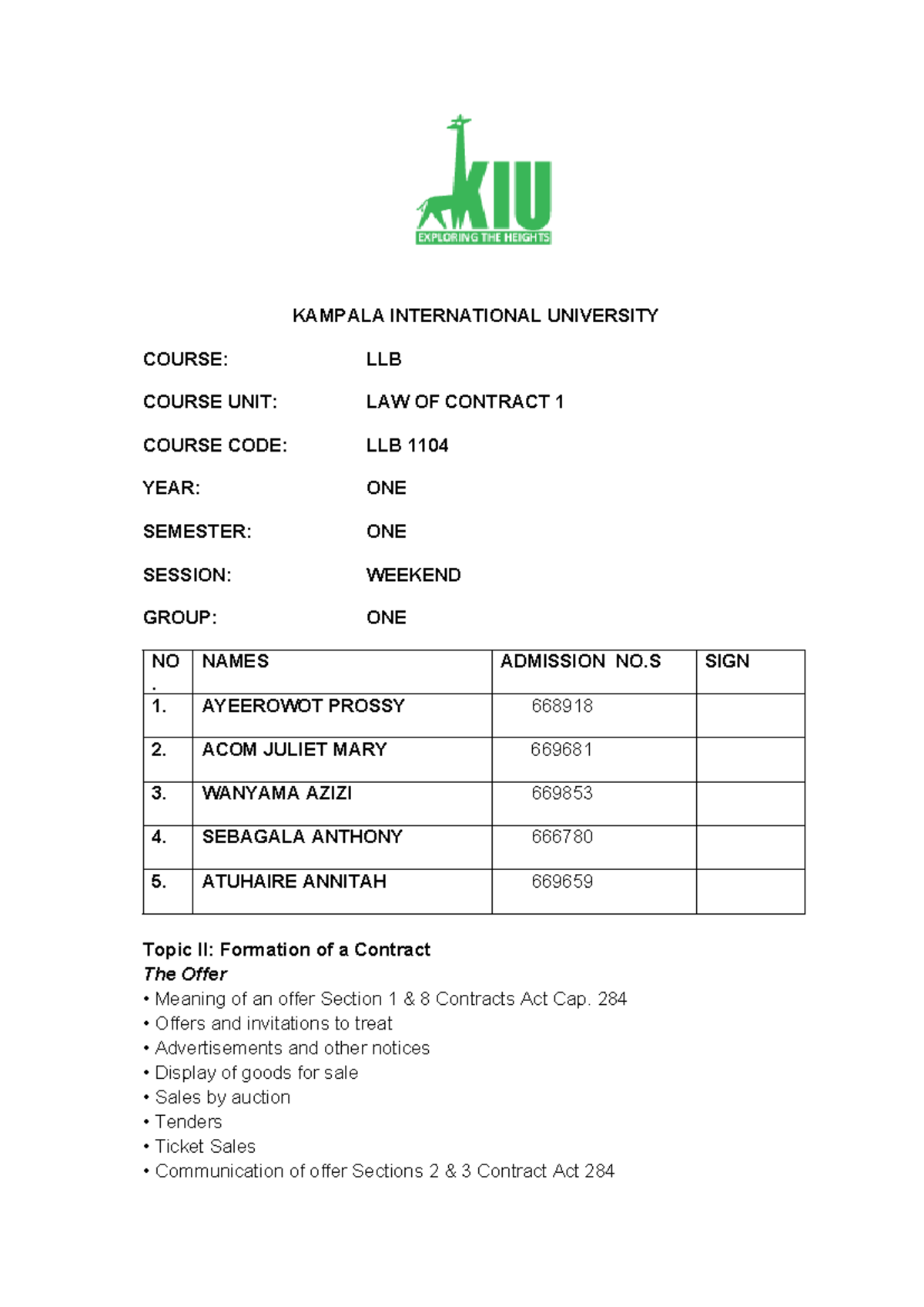 LLB 1104: Law of Contract I - Formation of a Contract Notes - Studocu