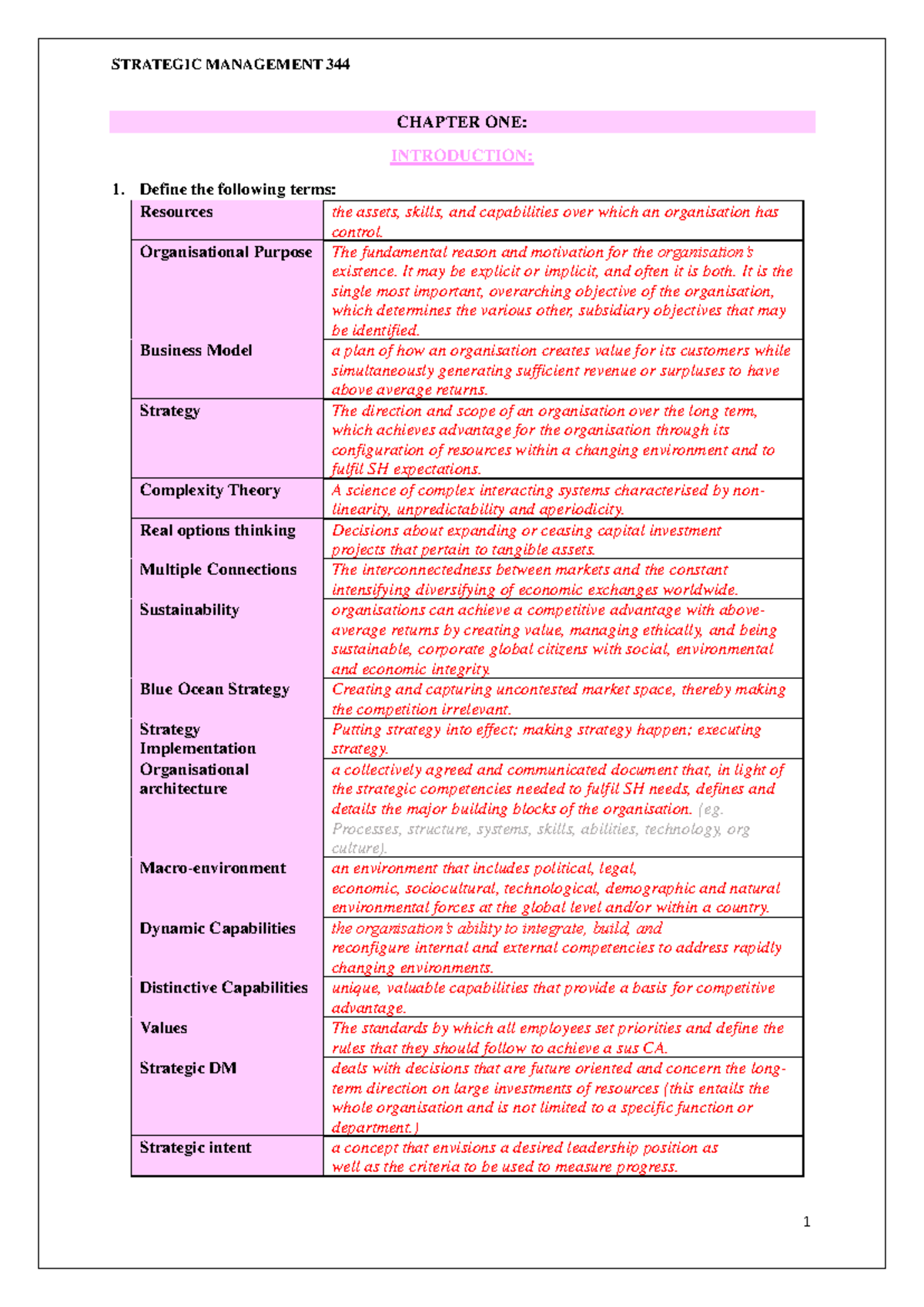 Strategic Management 344: Chapter 1 - Key Concepts and Definitions ...