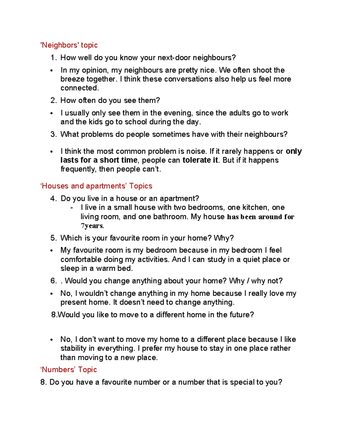Speaking 1 - ENGLISH 1: Understanding Neighbors and Home Preferences ...