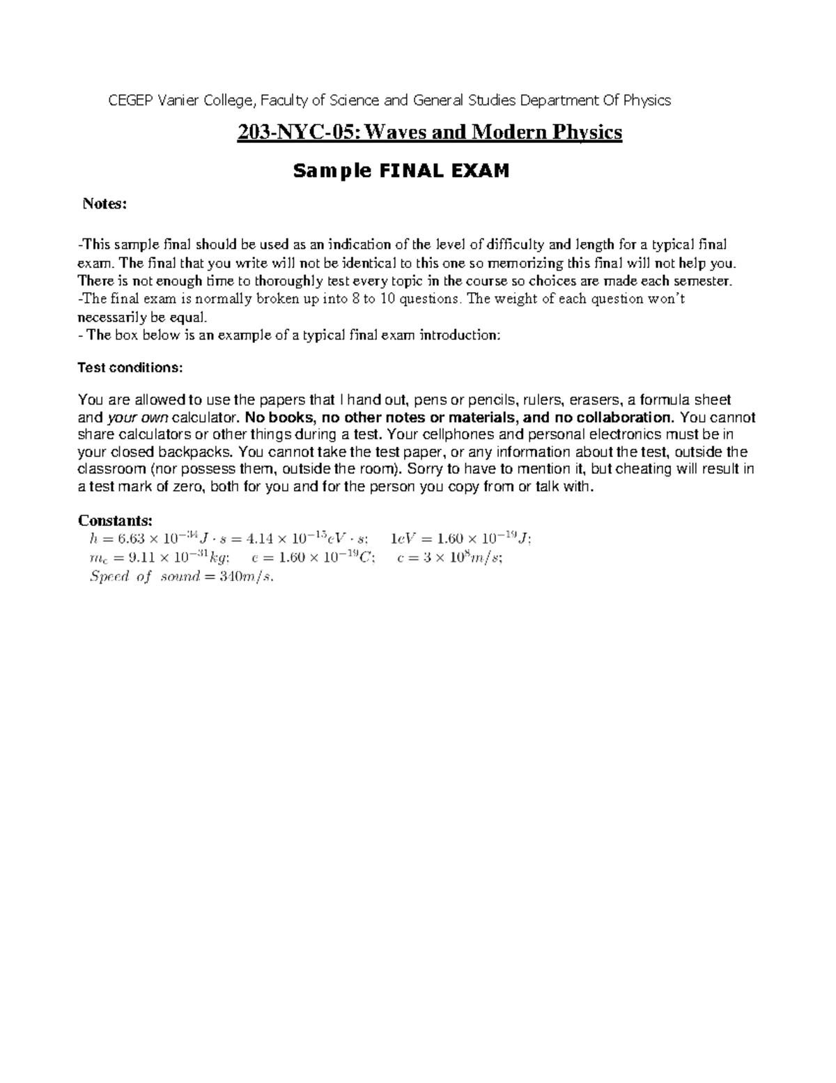 203-NYC-05: Waves & Modern Physics Sample Final Exam with Solutions ...