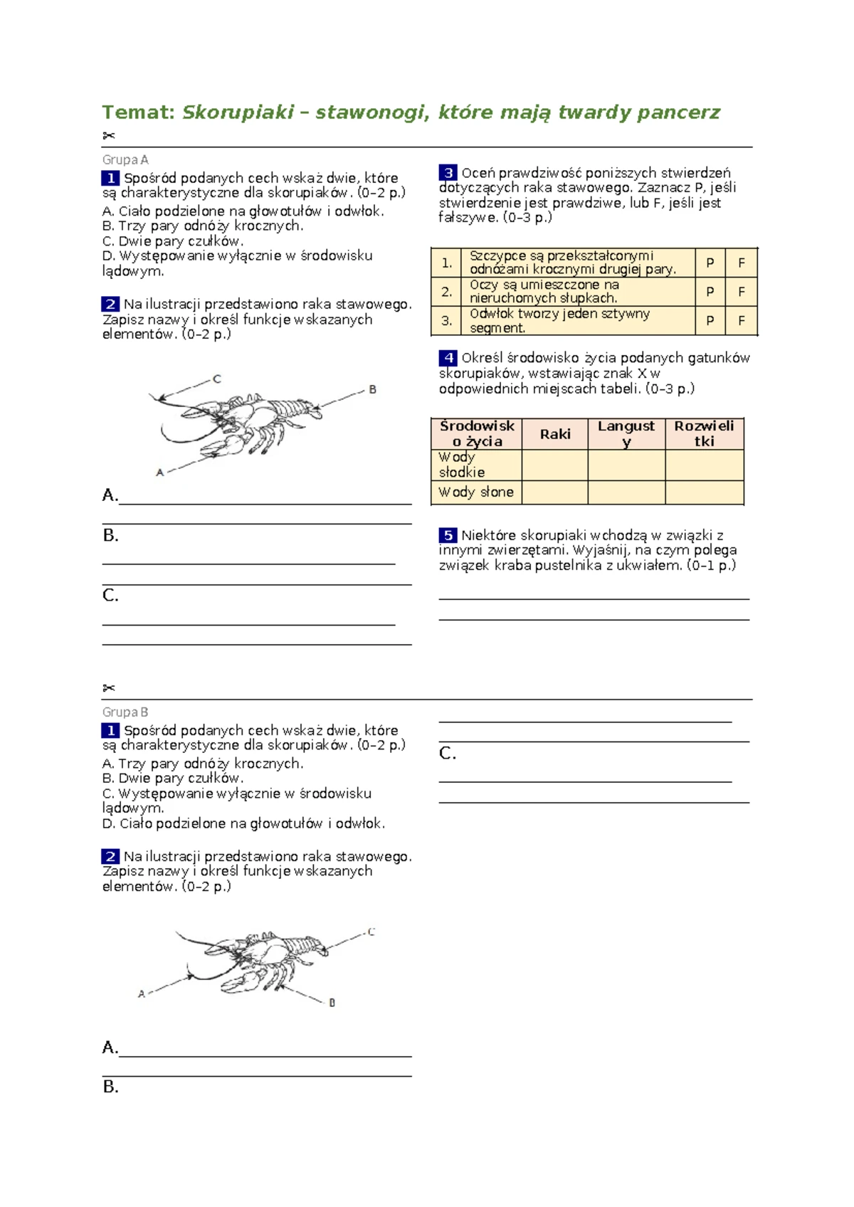 świat Bezkręgowców Sprawdzian Kl 1 Gim Grupa A www.studocu.com