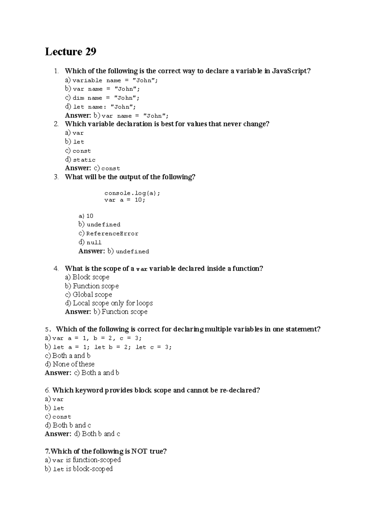 Lec29: JavaScript Variables - Key Concepts and Quiz Answers - Studocu