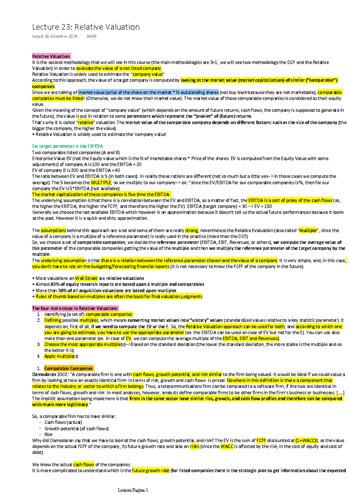 Lecture 23: Relative Valuation Overview and Methodologies - Studocu
