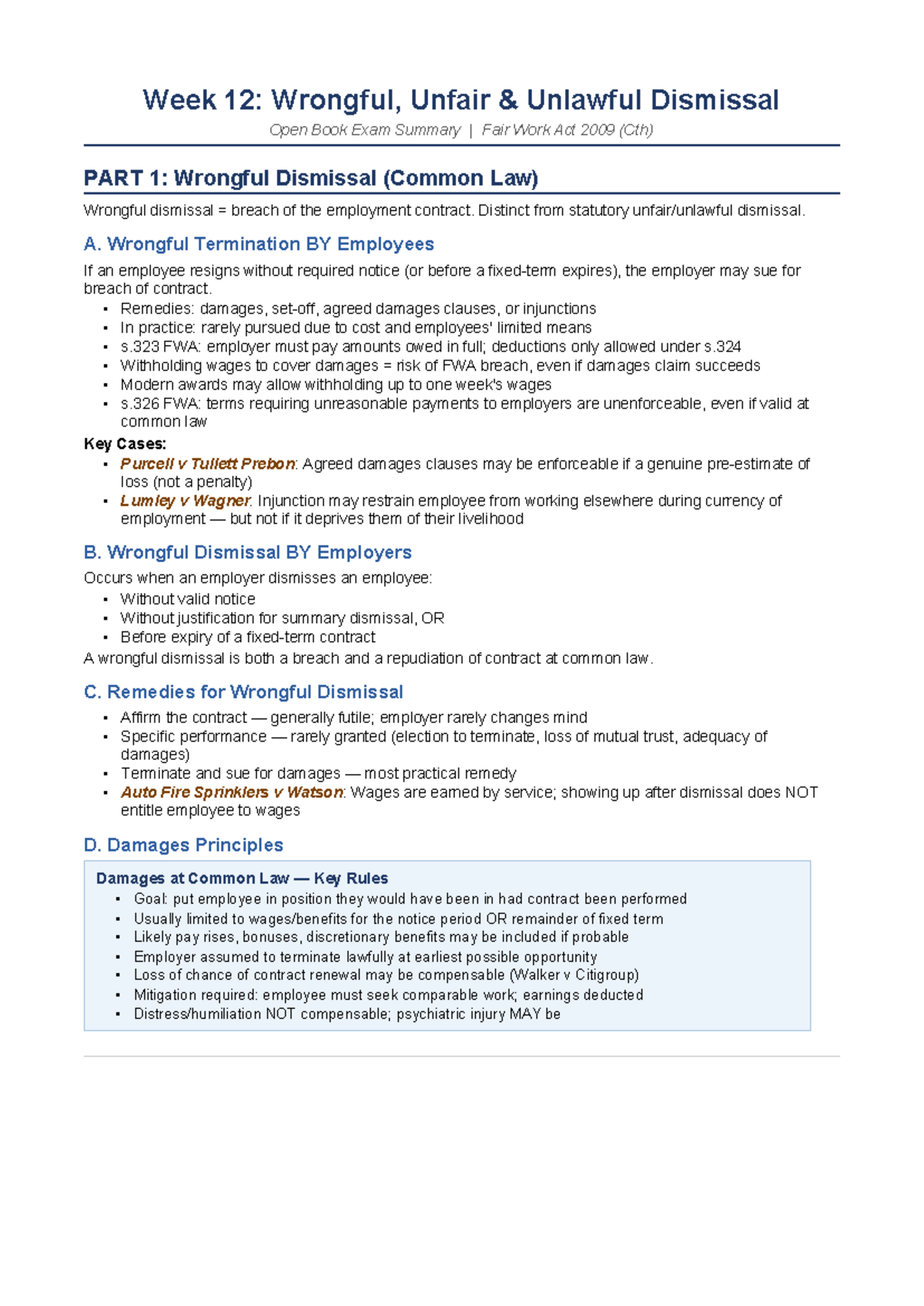 W12: Open Book Exam Summary on Wrongful & Unfair Dismissal - Studocu