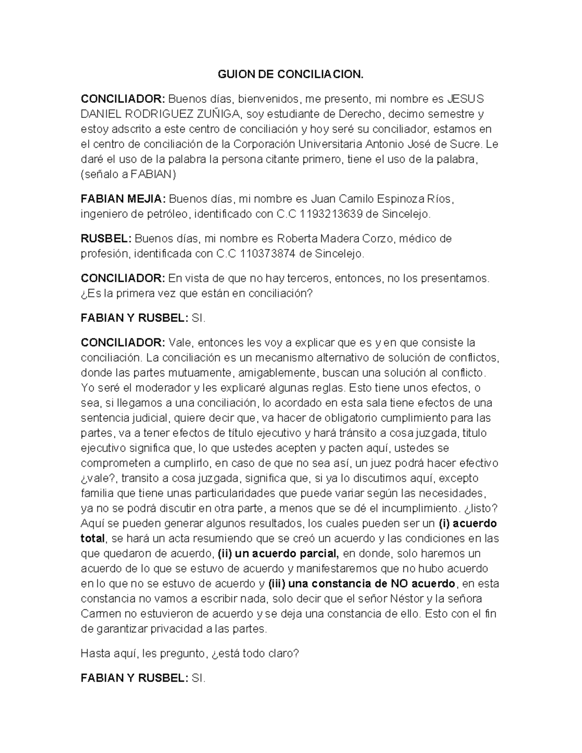 Guion de Conciliación - Resolución de Conflictos en Derecho 101 - Document Preview