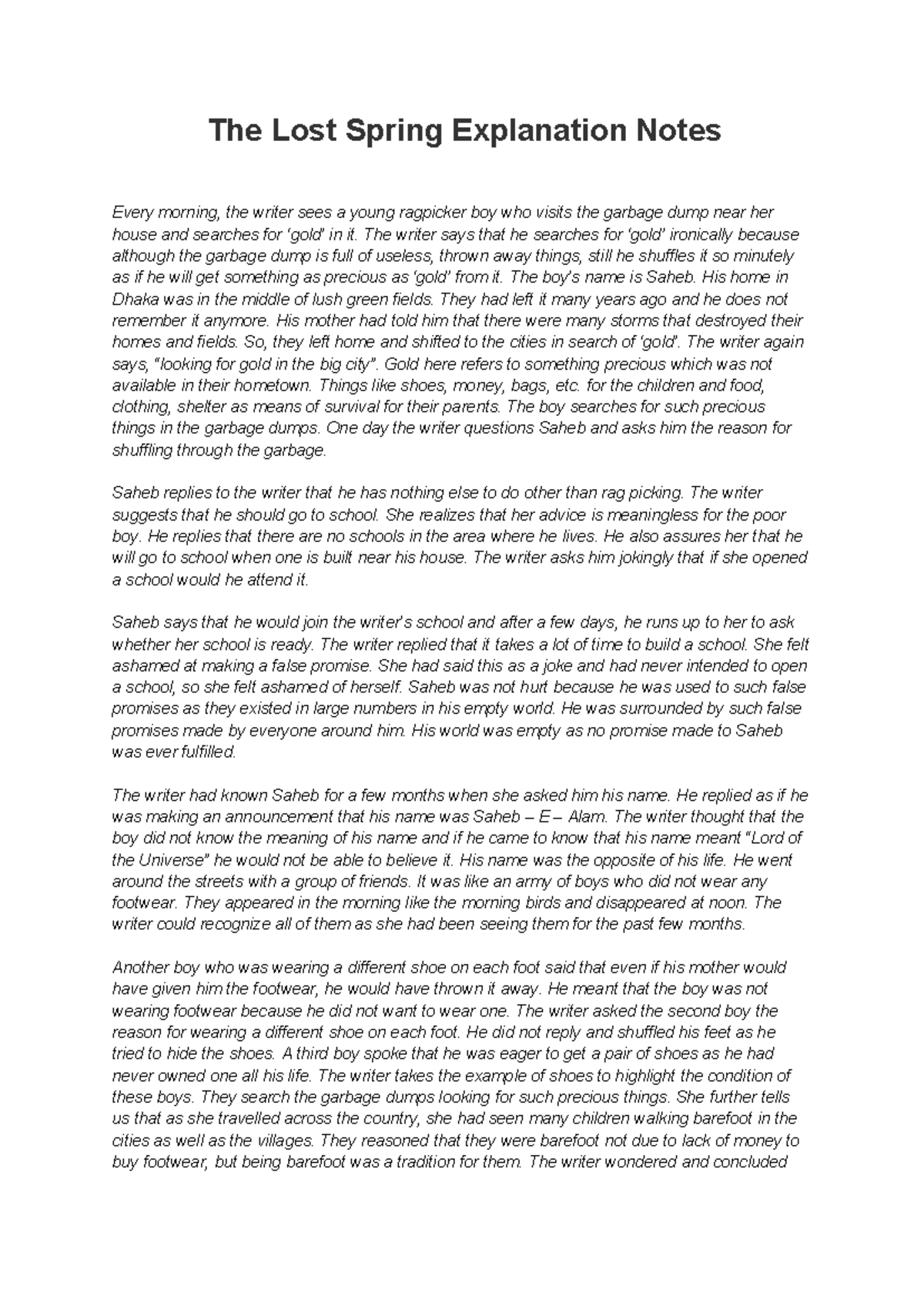 The Lost Spring (Chapter Notes) - Understanding Saheb's Struggles - Studocu