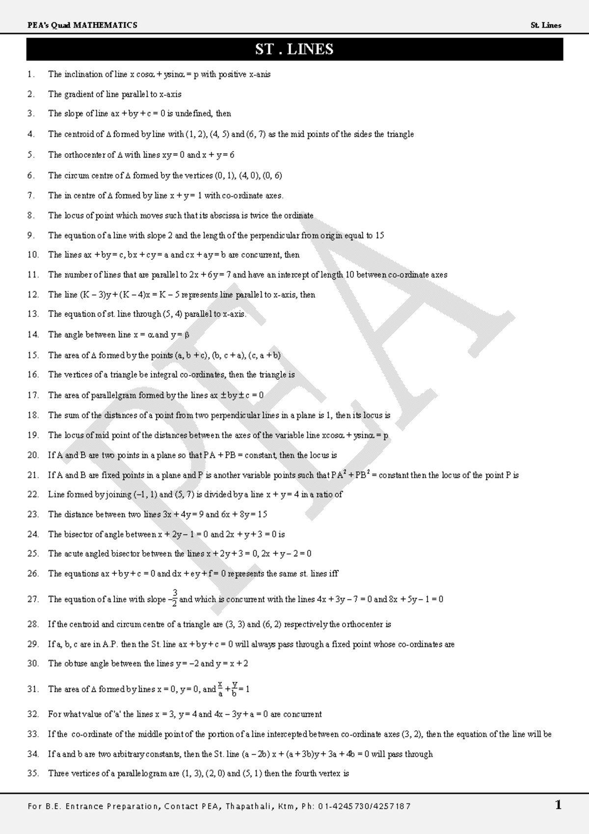 Math Problems Support for PEA B.E. Entrance Exam: St. Lines - Studocu