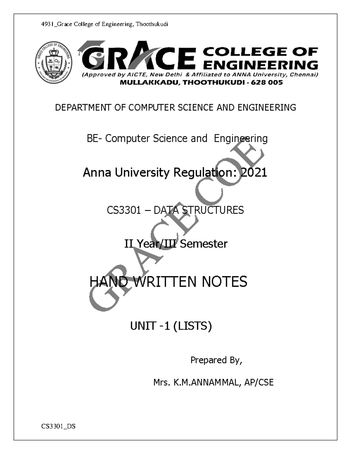 CS3301 Data Structures II Semester Unit 1 Notes - Grace College - Studocu