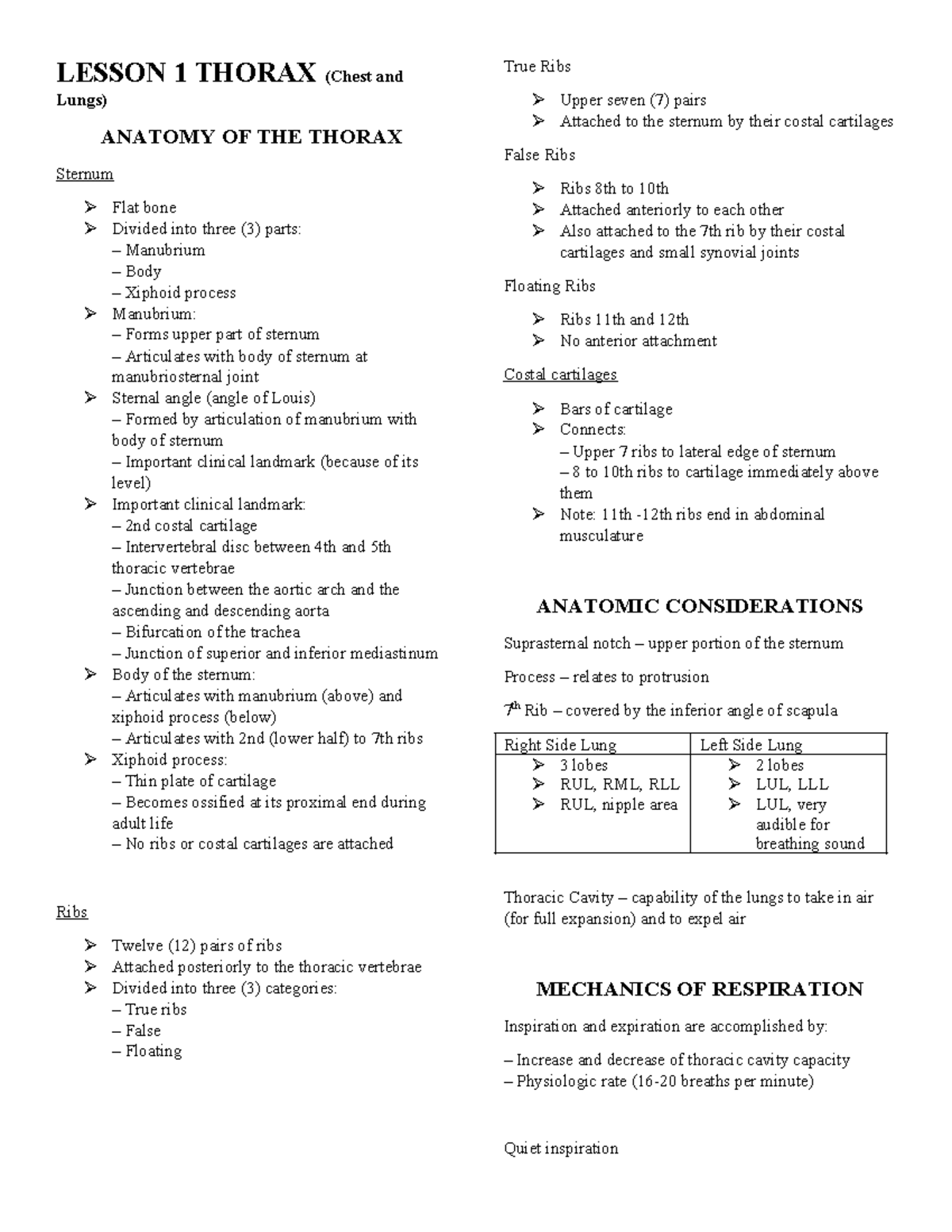 Health Assessment Reviewer: Thorax and Lungs Anatomy & Mechanics - Studocu