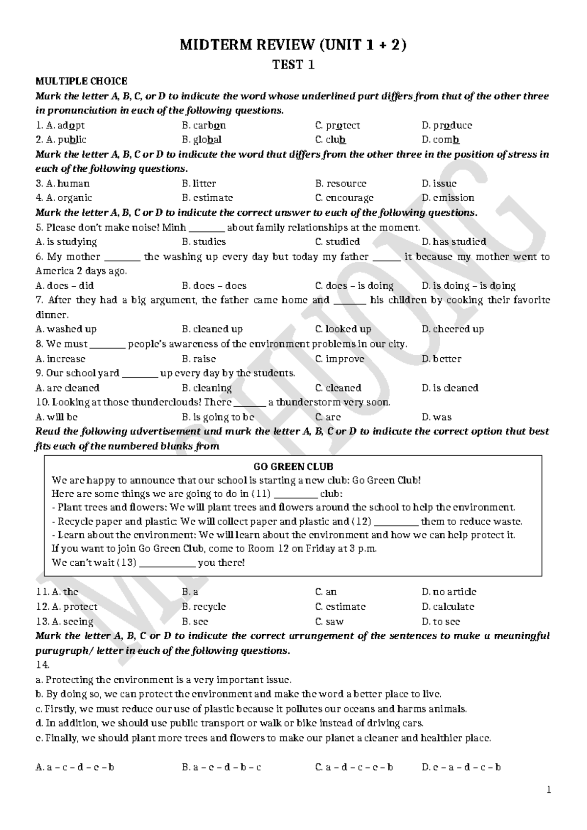 Midterm - MIDTERM TEST for Go Green Club Activities and Review - Studocu