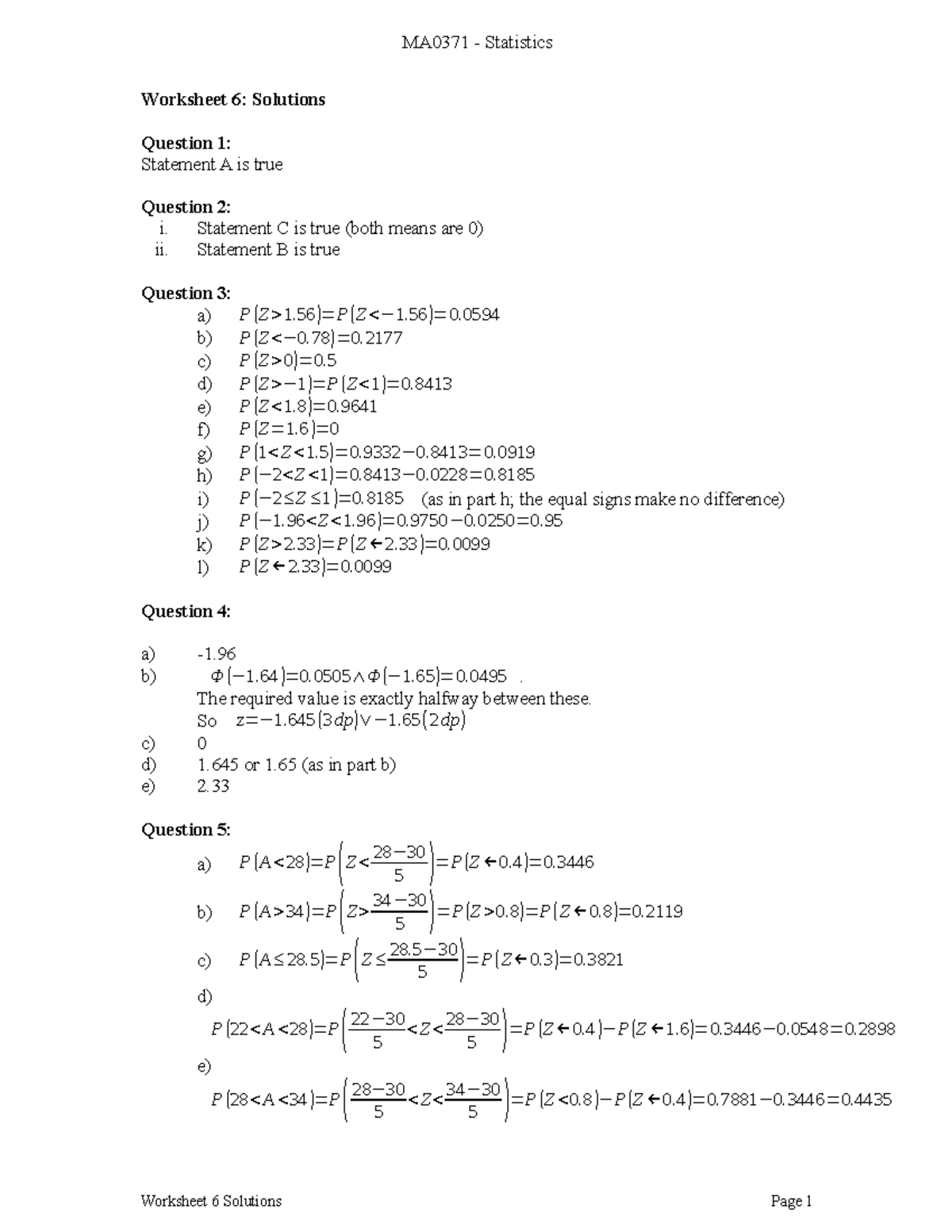Worksheet 06 Solutions and Explanations for Statistical Problems - Studocu
