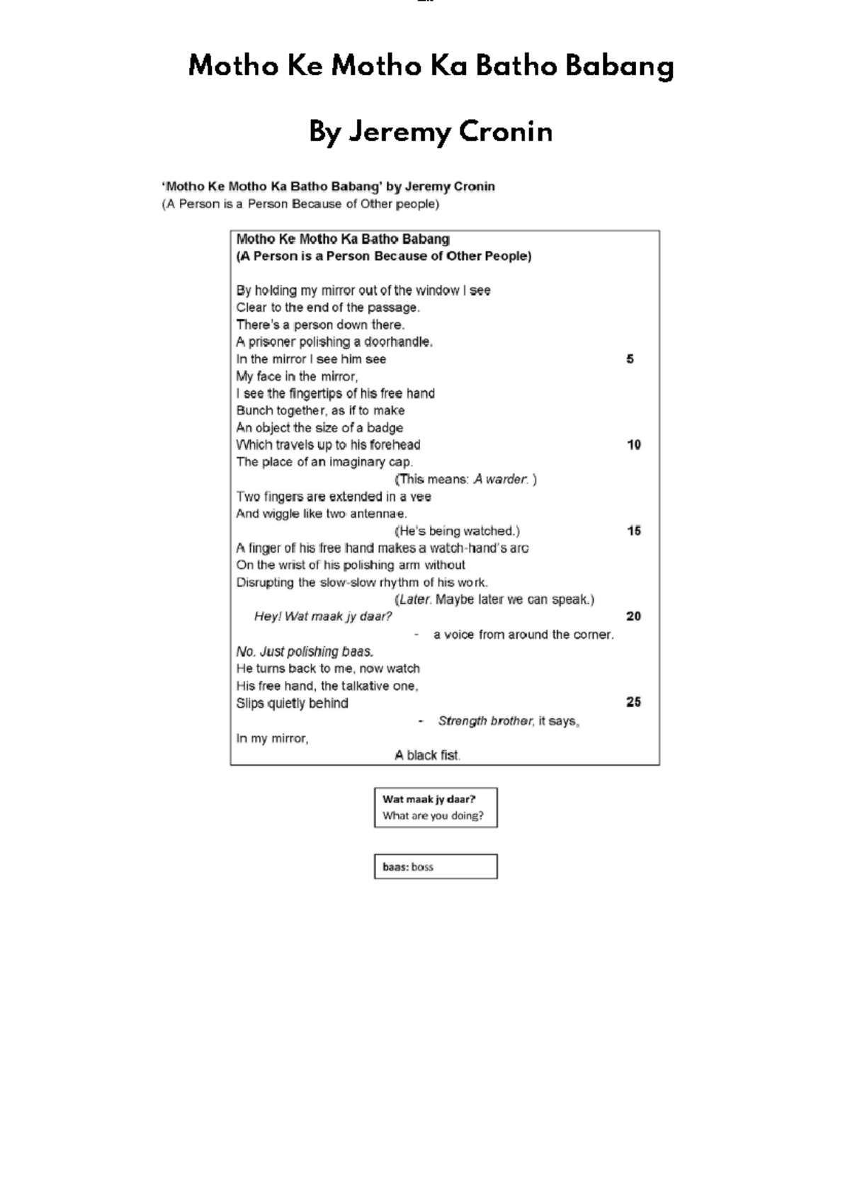 Motho Ke Motho Ka Batho Babang: An Analysis of Ubuntu in Poetry - Studocu
