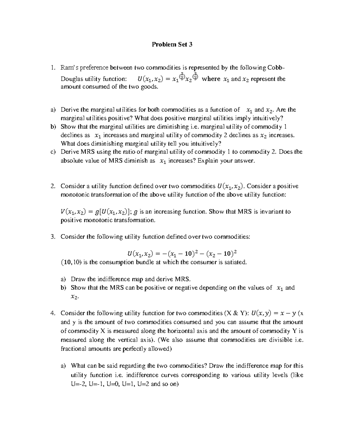 Problem Set 3 - Utility Functions and Marginal Analysis - Studocu