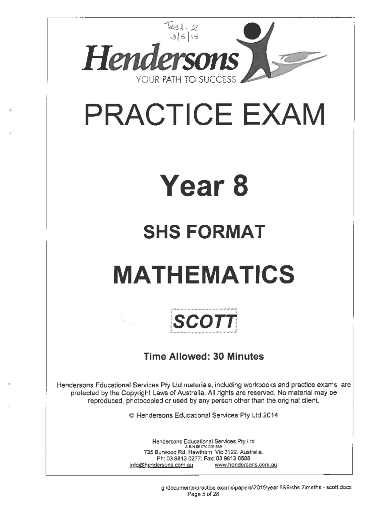 Year 8 SHS Mathematics Practice Exam - Test 2 by Scott (2015) - Studocu