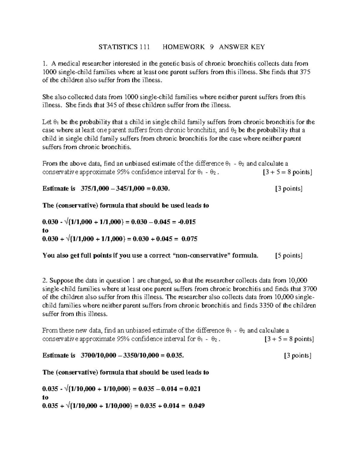 HWK092019 Springanswer key - STATISTICS 111 HOMEWORK 9 ANSWER KEY A ...