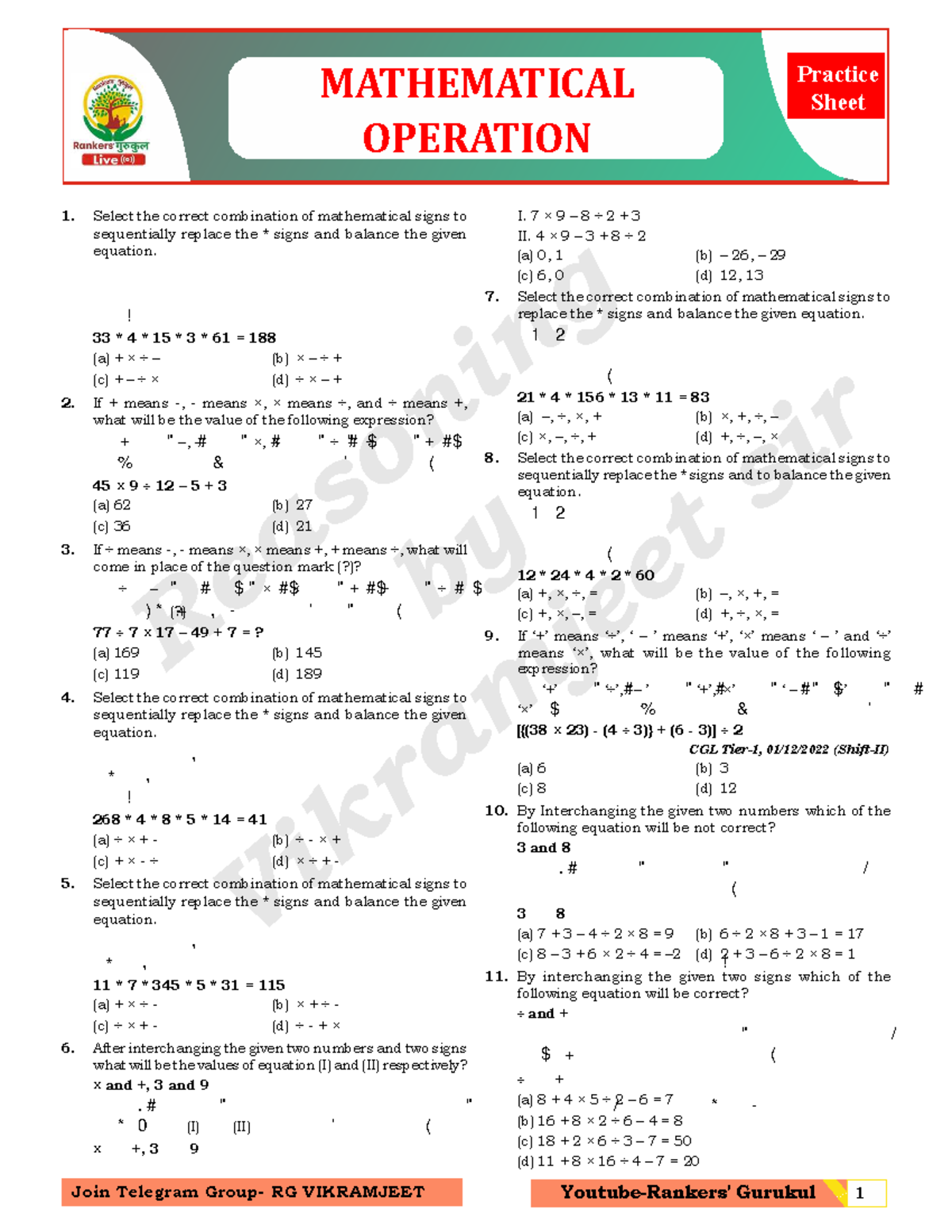 Mathematics Operations Practice Sheet - CGL Tier-1, 2022 - Studocu