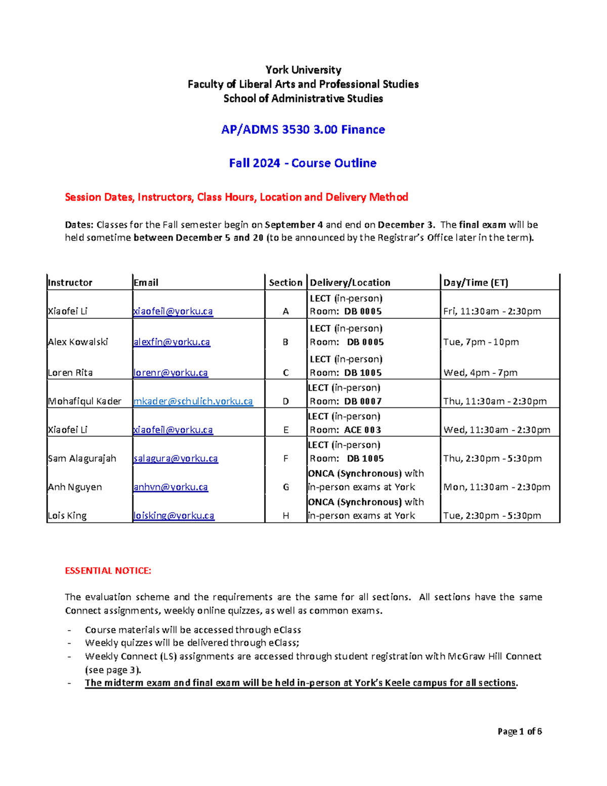 ADMS 3530 3.00 Finance Fall 2024 Course Outline & Schedule - Studocu