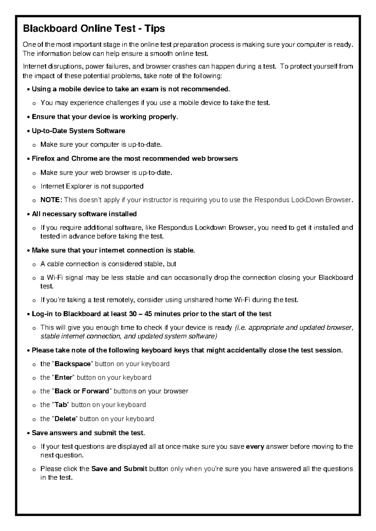 Blackboard Online Test - Tips (Students) - Blackboard Online Test ...