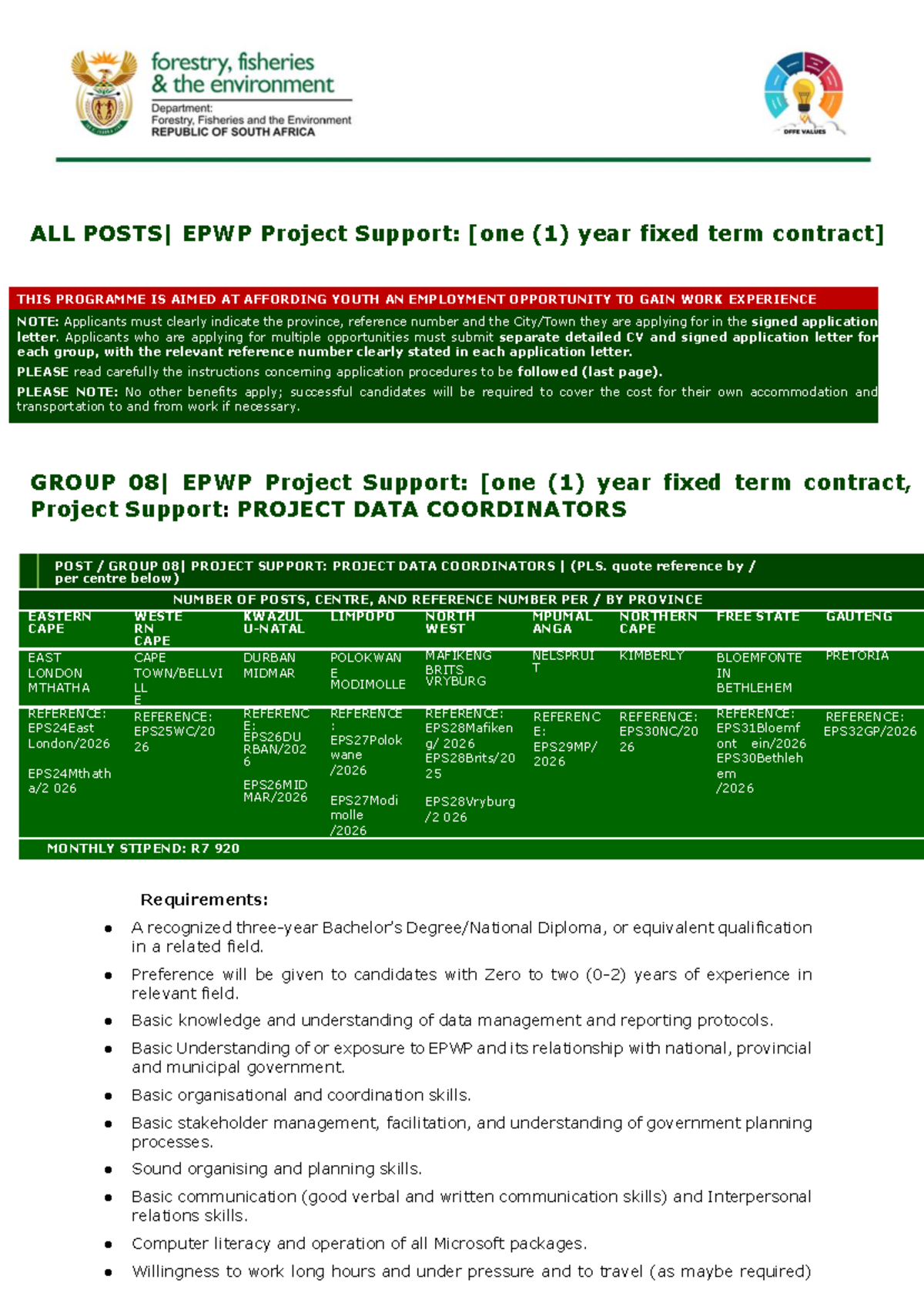EPWP Project Support Group 8: Application Guidelines & Requirements ...