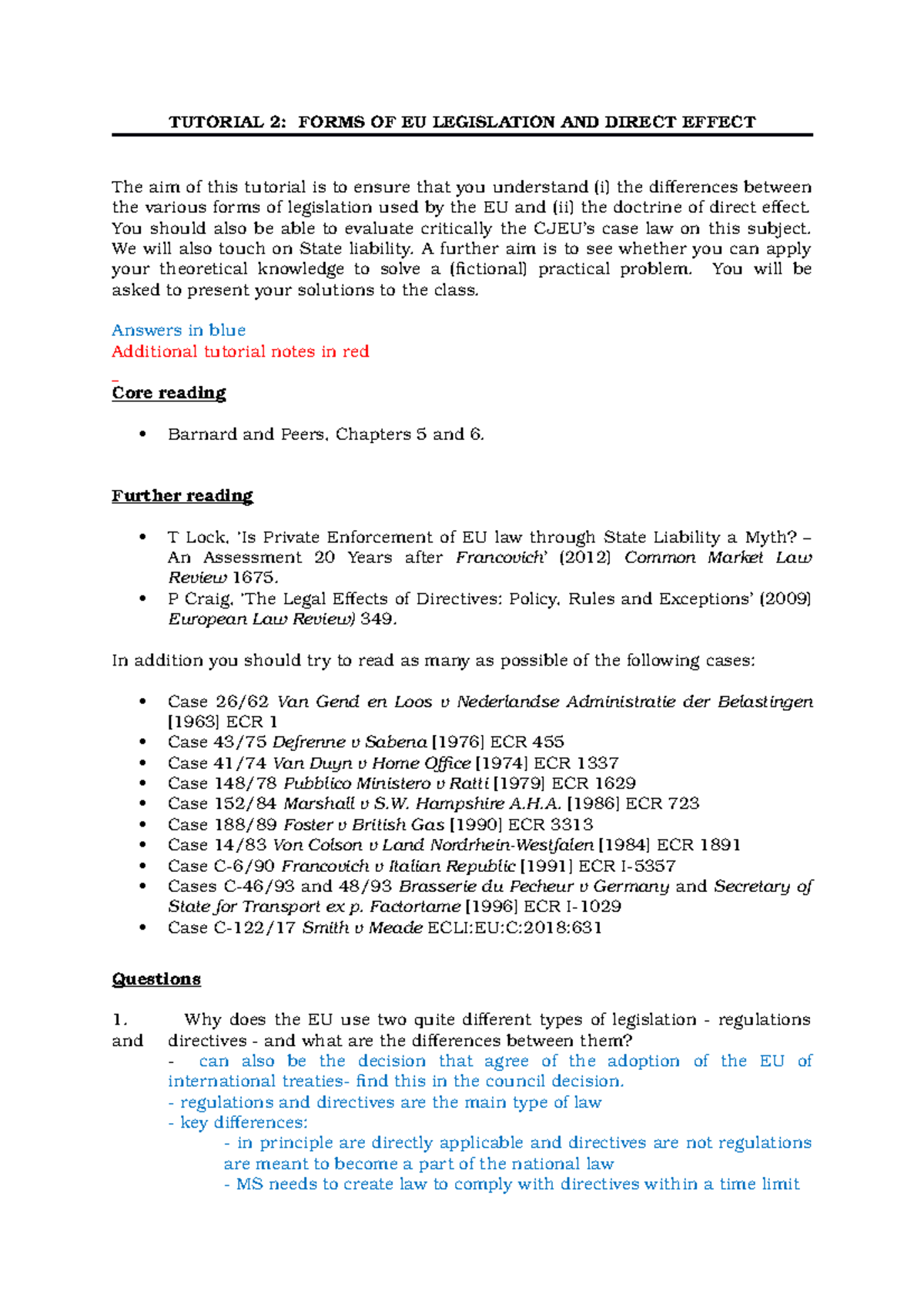EU Law Tutorial 2 - full answers to the questions plus additional tutor ...