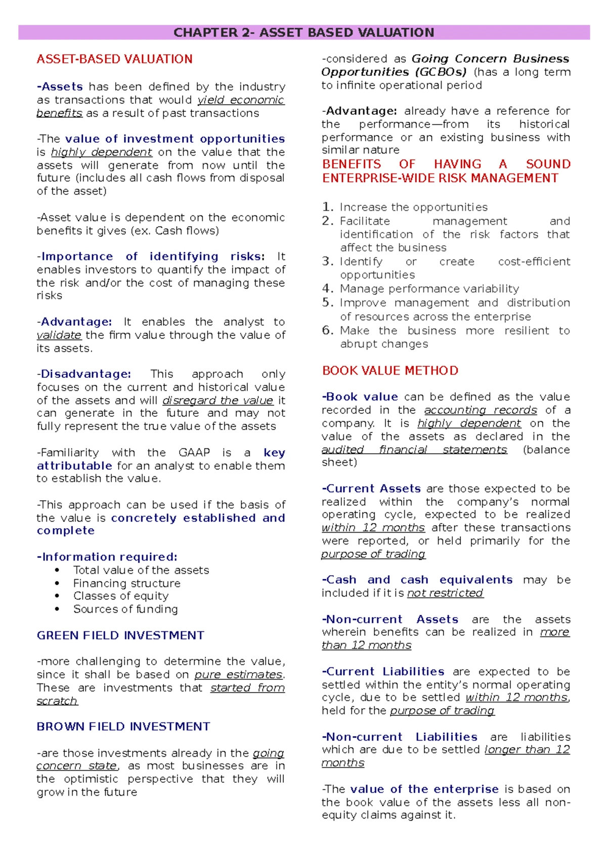 ASSET BASED VALUATION: Concepts & Methodologies (Chapter 2) - Studocu