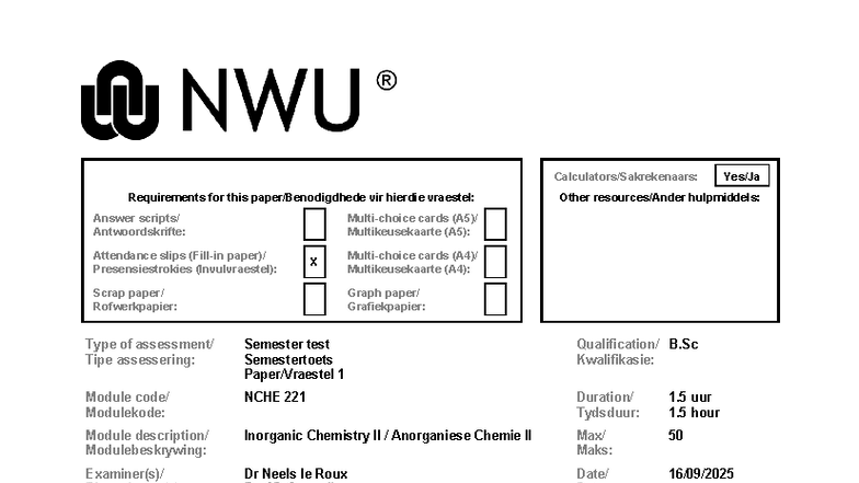 NCHE221 Semester Test 2025: Inorganic Chemistry II Guidelines and ...