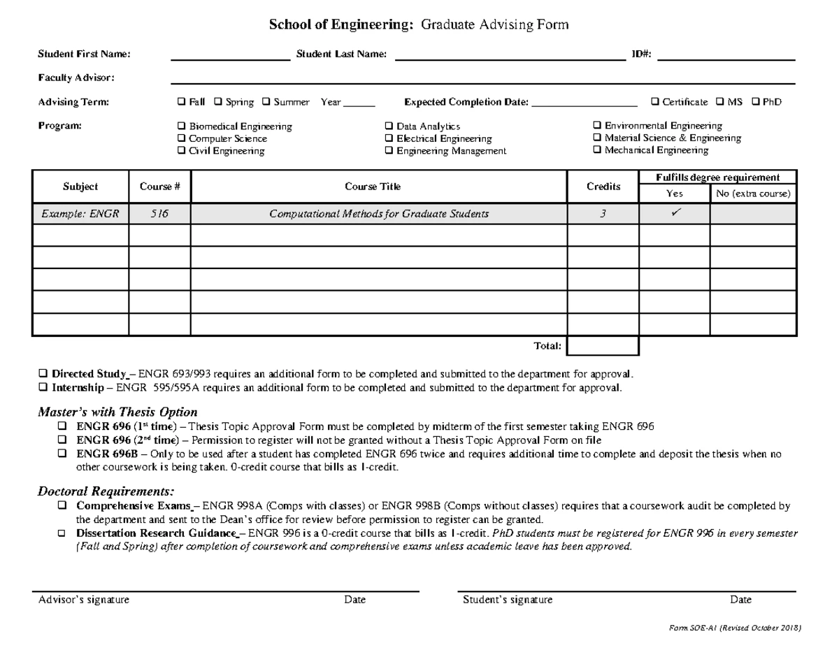 SOE-A2 Graduate Advising Form for Biomedical Engineering Students - Studocu