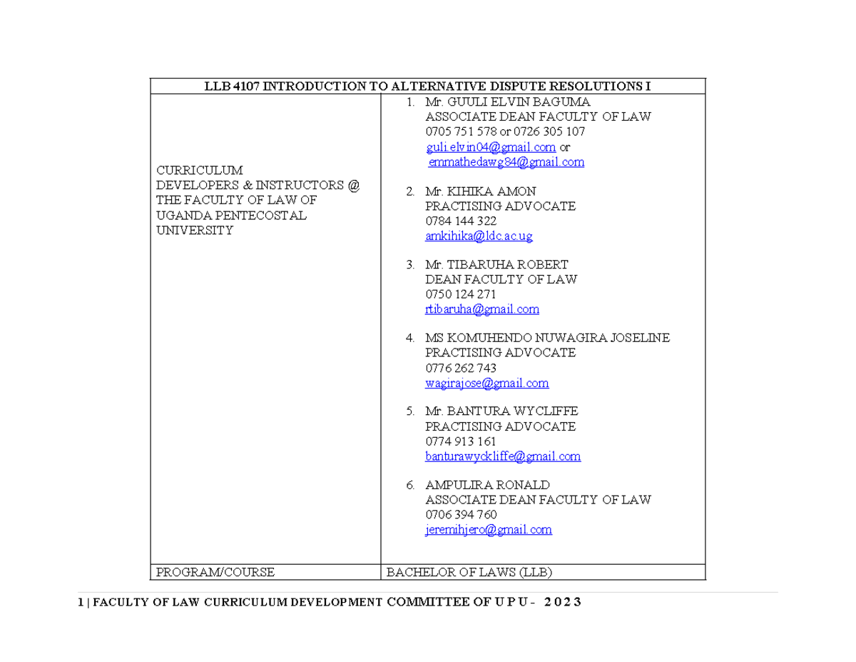Alternative Dispute Resolution 1 Course Outline - LLB 4107 INTRODUCTION ...