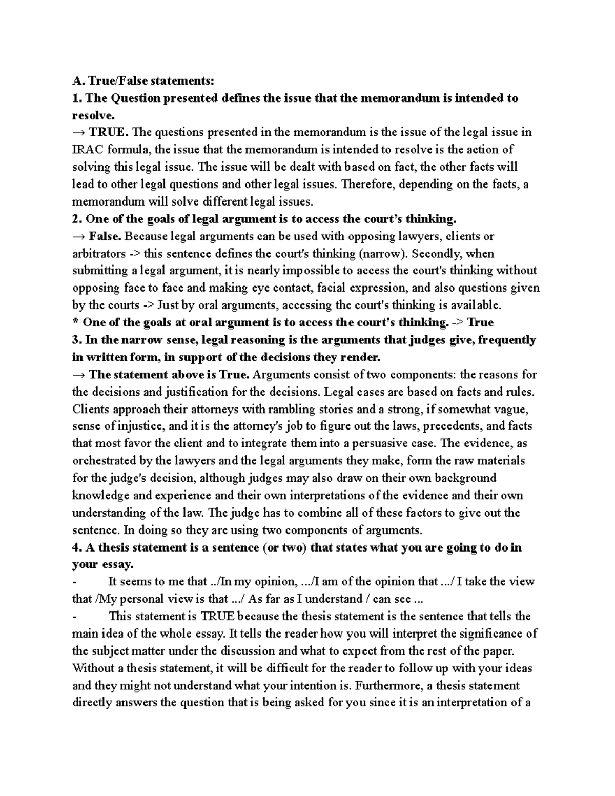 Legal Reasoning - Ôn Thi Học Kì: True/False Statements & Key Concepts ...