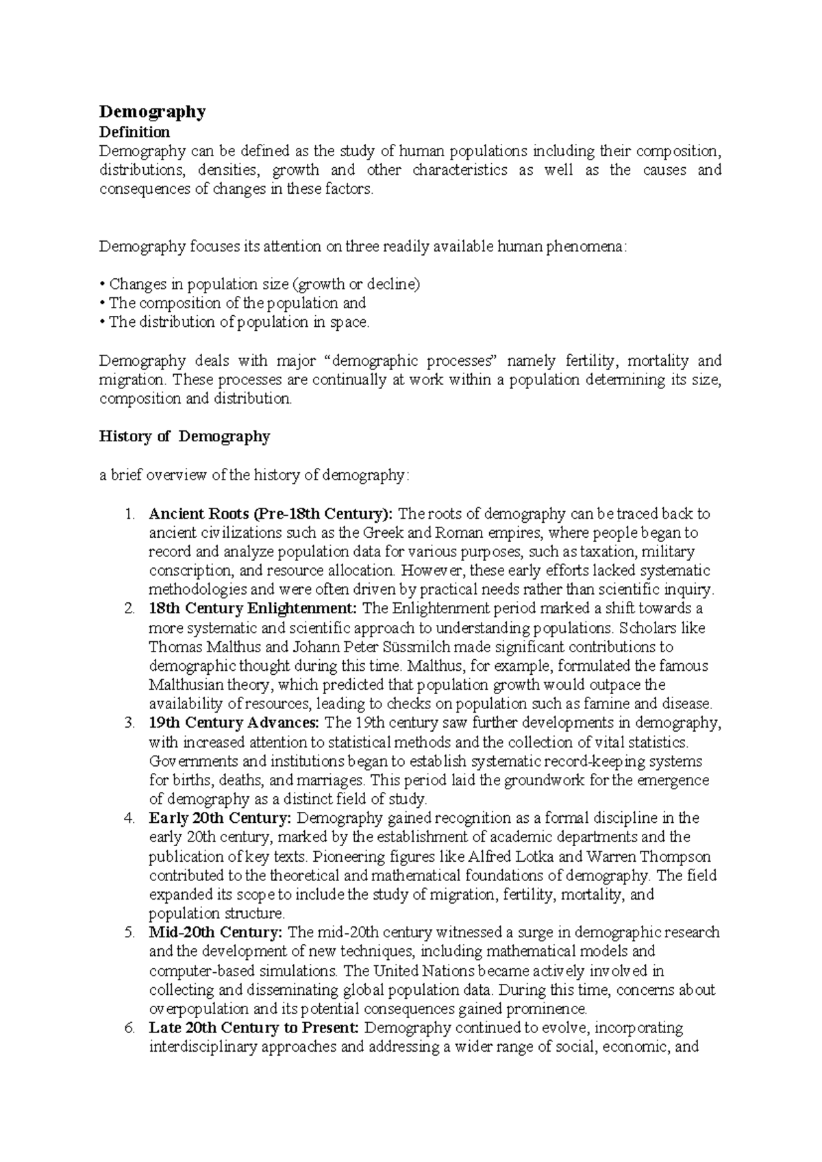 WEEK 1 - Intro to Demography: Concepts, History & Importance - Studocu