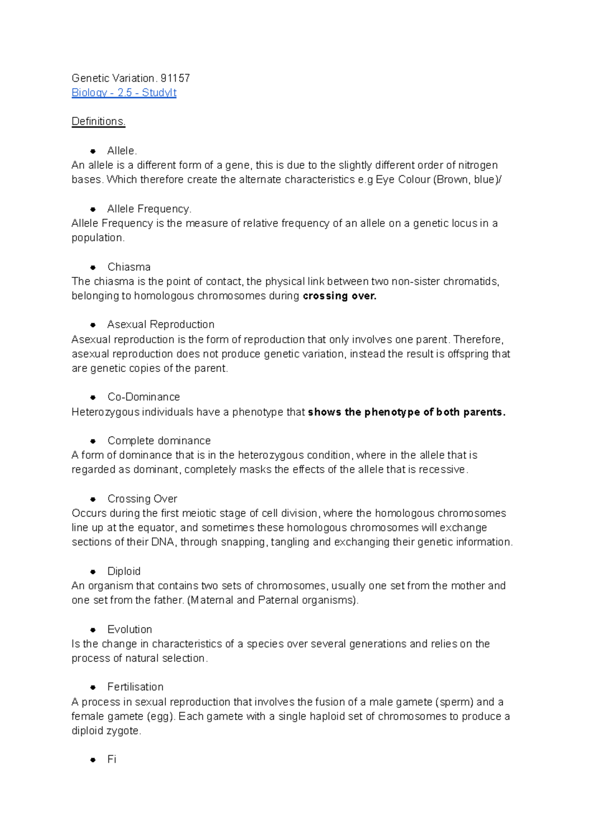 Genetic Variation Definitions for Biology 91157 Study Guide - Studocu