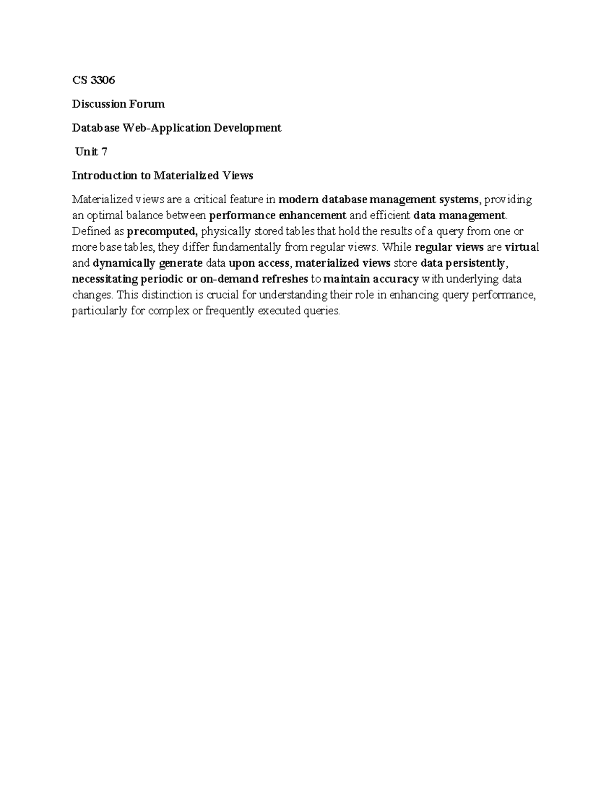 CS 3306 Discussion Forum Unit 7 - CS 3306 Discussion Forum Database Web ...