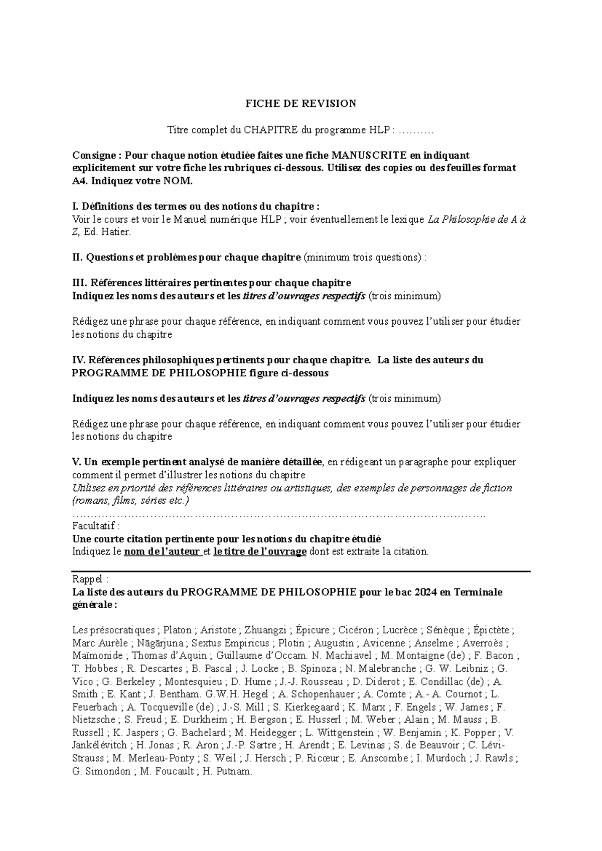 Fiches de Révision HLP 2024: Concepts et Références Philosophiques ...